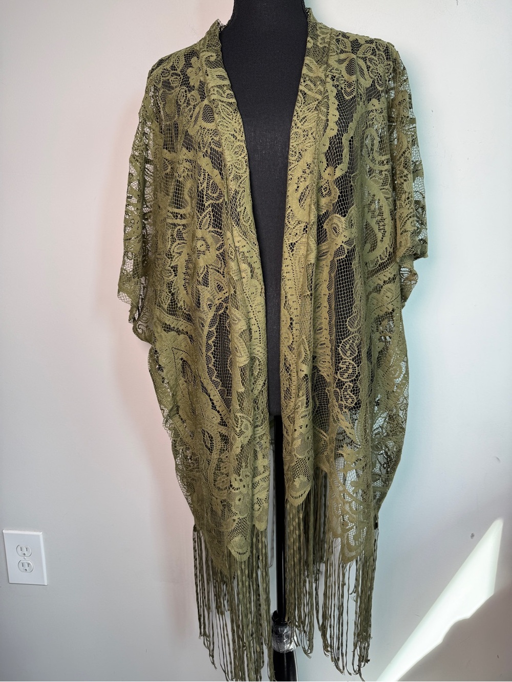 Emerette Green Lace Fringe Kimono Shawl Boho Duster One Size